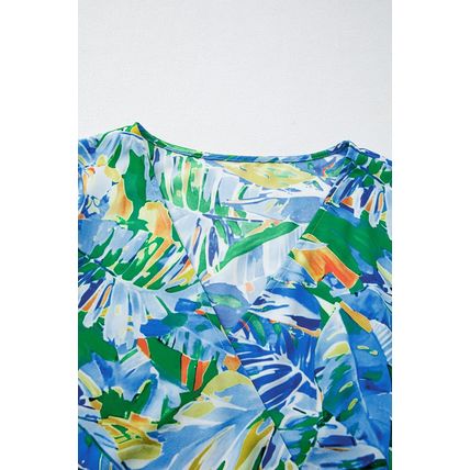 Green Leaves Print Short Sleeve Surplice Neck Ruffled Trim Plus Size Maxi Dress