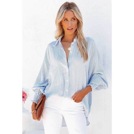 Sky Blue Smocked Cuffed Striped Boyfriend Shirt with Pocket