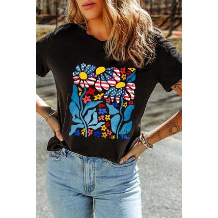 Black USA Flag Flower Graphic Drop Shoulder T Shirt
