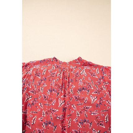 Red Floral Tie Split Neck Short Flounce Sleeve Crinkled Blouse