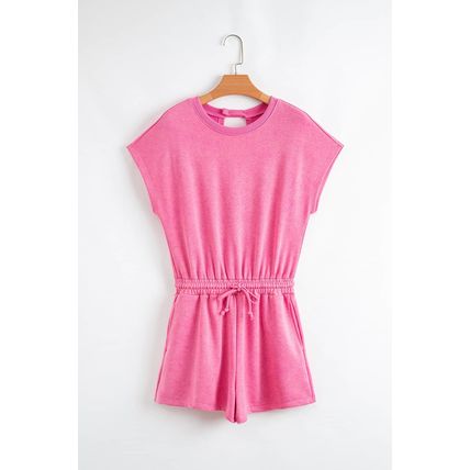 Bonbon Mineral Wash Drawstring Waist Hollow Out Back Short Sleeve Romper