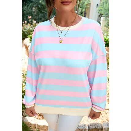 Sky Blue Stripe Drop Shoulder Crewneck Plus Size Sweatshirt