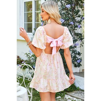 Pink Floral Puff Sleeve Square Neck Knotted Open Back Ruffled Mini Dress