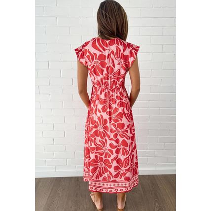 Red Boho Floral Short Sleeve V Neck Buttoned Shirred Waist Long Dress