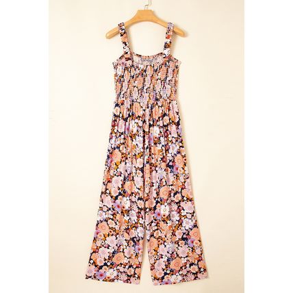 Black Floral Print Smocked High Waist Square Neck Jumpsuit