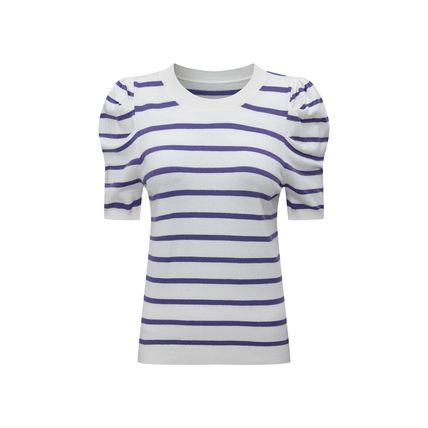 Blue Stripe Ribbed Trim Round Neck Bubble Sleeve Knitted Top