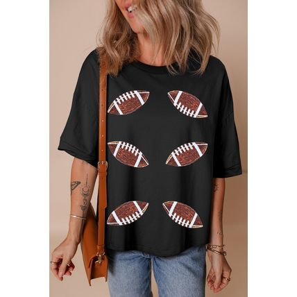 Black Sequin Rugby Football Patched Crewneck Loose T Shirt