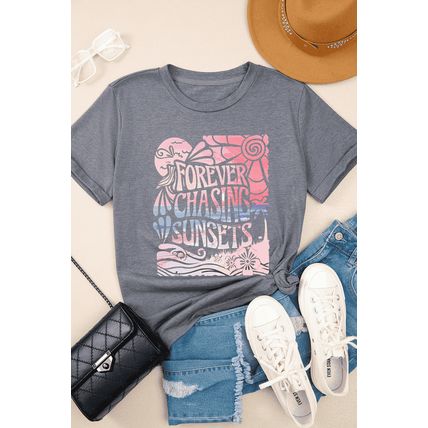 Gray FOREVER CHASING SUNSETS Graphic Summer T Shirt