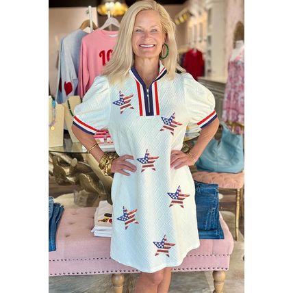 White July 4th Sequined USA Flag Star Patched Textured Collared T Shirt Dress