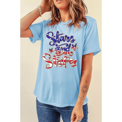 Light Blue Stars and Stripes Graphic July 4th Patriotic Tee