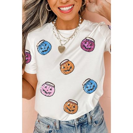 White Sequin Pumpkin Face Patched Crew Neck Holiday T Shirt