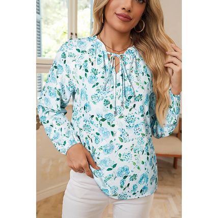 Sky Blue Floral Print Frilled Trim Tie Neck Elastic Cuffs Long Sleeve Blouse