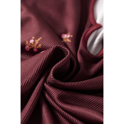 Burgundy Notched Neck Floral Print Ribbed Long Sleeve Top