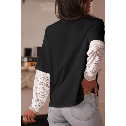 Black Lace Long Sleeve Insert Drop Shoulder Tee
