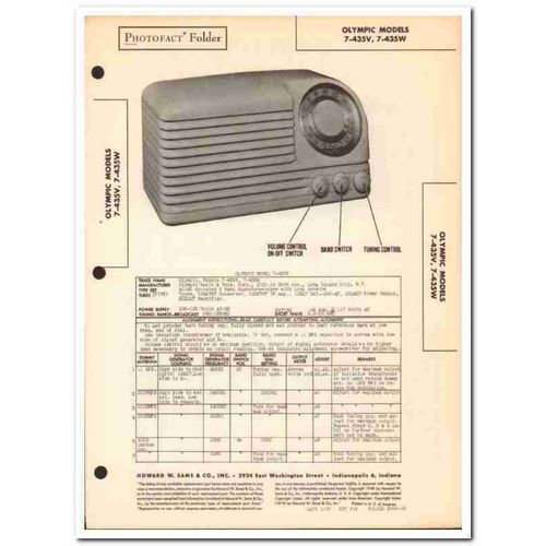 olympic model 7-435v 7-435w 5-tube am sw radio sams photofact manual