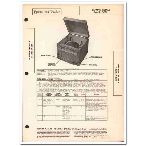 olympic model 7-622 7-638 6-tube am radio phono sams photofact manual