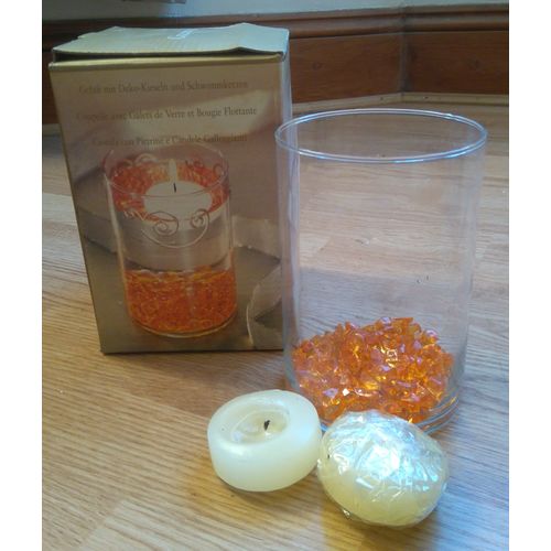 Candle Floater: Glass Bowl, Glass Crystals And 2 Candles