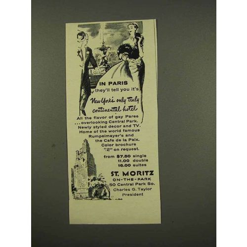 1956 St. Moritz Hotel Ad - In Paris They'll Tell You