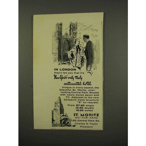 1956 St. Moritz Hotel Ad - In London They'll Tell You