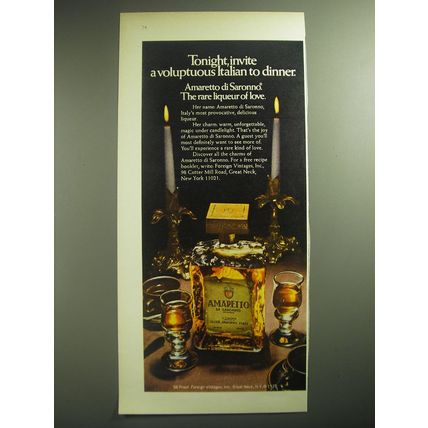 1974 Amaretto di Saronno Ad - Tonight, invite a voluptuous Italian to dinner
