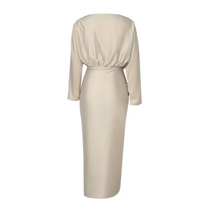 Apricot Satin Wrap Tie Side Boat Neck Long Sleeve Dress