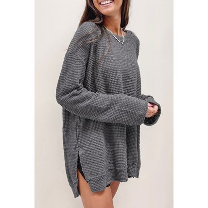 Gray Waffle Knit High Slits Oversized Top