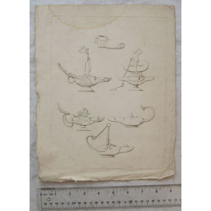 Vintage engraving: six Roman oil lamps