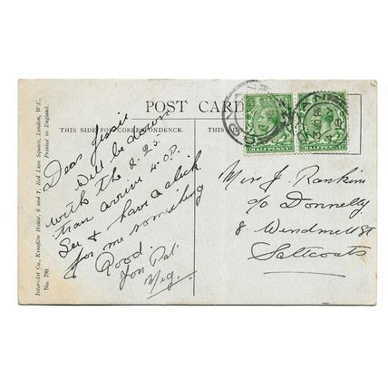 Postcard humorous "a this place is a perfect blank without you" posted 1918