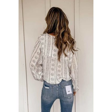 Beige Long Sleeve Embroidered Print Blouse
