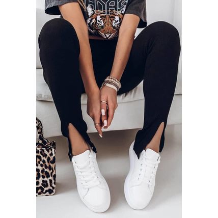 Black Rib Knit High Waist Slit Leggings