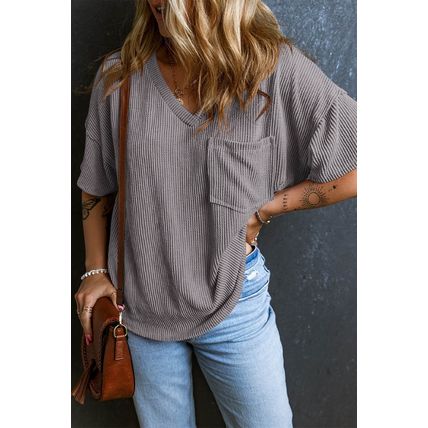 Light Grey Corded V Neck Chest Pocket Loose T-shirt