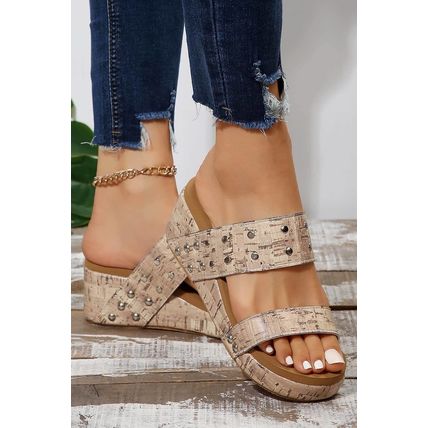 Camel Rivet Double Straps Wedge Slippers