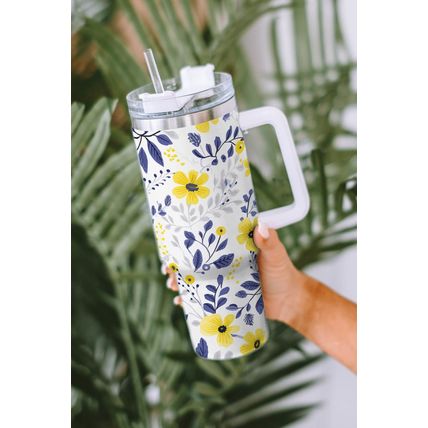 White Flower Print Stainless Handled Large Tumbler 40oz