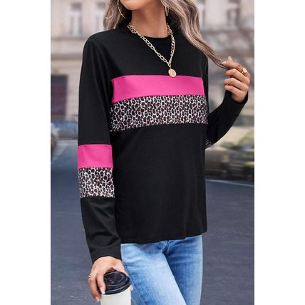 Rose Leopard Colorblock Patchwork Crew Neck Long Sleeve Tee