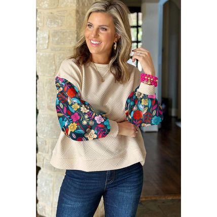 White Contrast Floral Sleeve Textured Drop Shoulder Knit Top