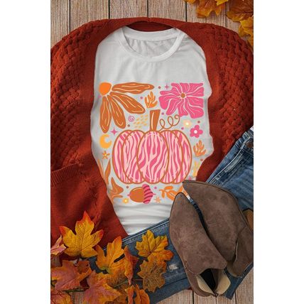 White Floral Pumpkin Printed Crewneck Thanksgiving T Shirt