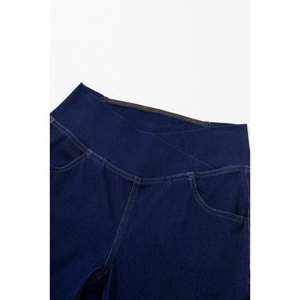 Dusk Blue Solid Crossed Waist High Elastic Fit Flare Knit Jeans
