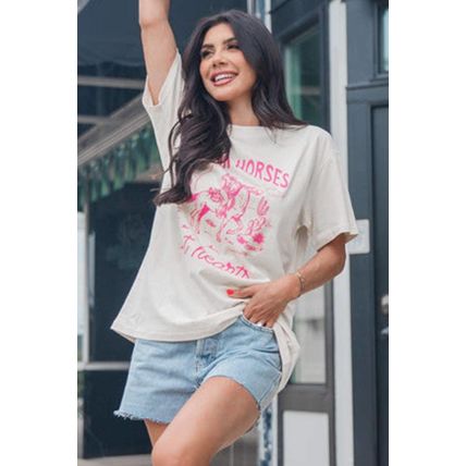 White Western BREAK HORSES Cowboy Graphic Crewneck T Shirt