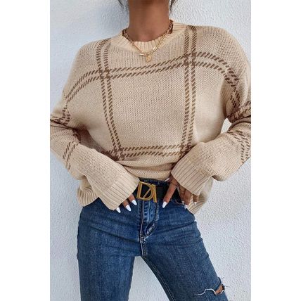 Khaki Plaid Pattern Knitted Drop Shoulder Sweater