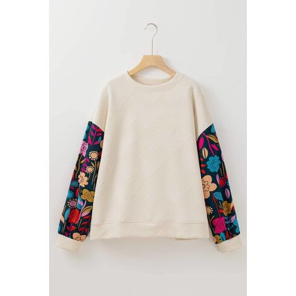 White Floral Patchwork Sleeve Textured Plus Size Pullover Top
