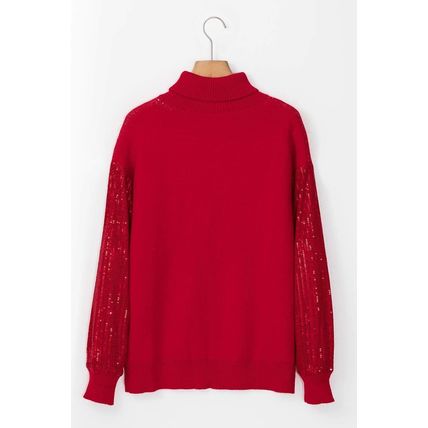 Racing Red Merry Graphic Sequin Sleeve Turtleneck Sweater