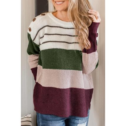 Green Color Block Striped Buttoned Shoulder Split Sweater