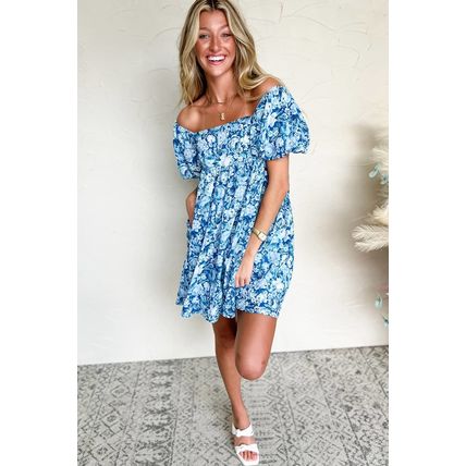 Blue Floral Puff Sleeve Babydoll Mini Dress