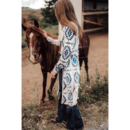 Sky Blue Western Aztec Printed Open Front Long Cardigan