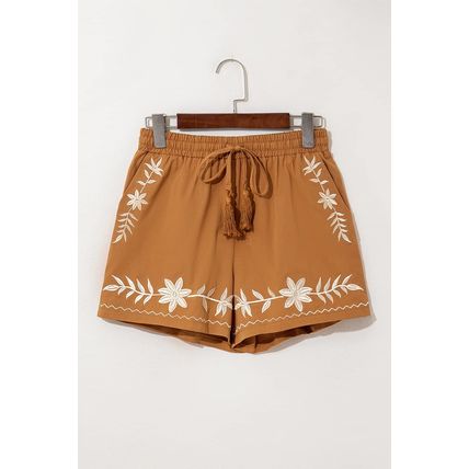 Khaki Embroidered Boho Tasseled Drawstring Elastic Waist Casual shorts