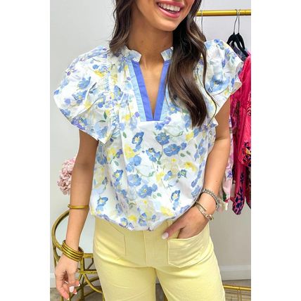 Sky Blue Floral Print Frilled Notched V Neck Blouse