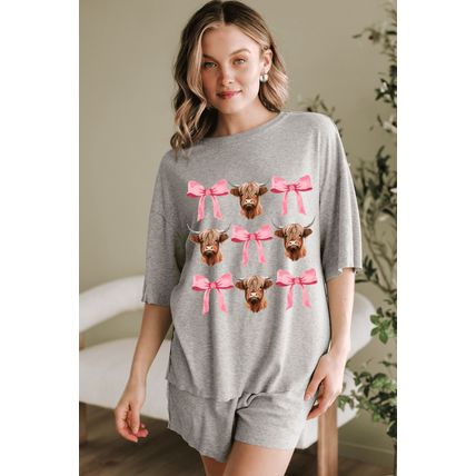 Gray Western Cow Head Bow Print Loose Fit Two Piece Shorts Set