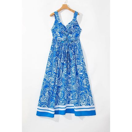 Blue Paisley V Neck Crisscross Backless Maxi Dress