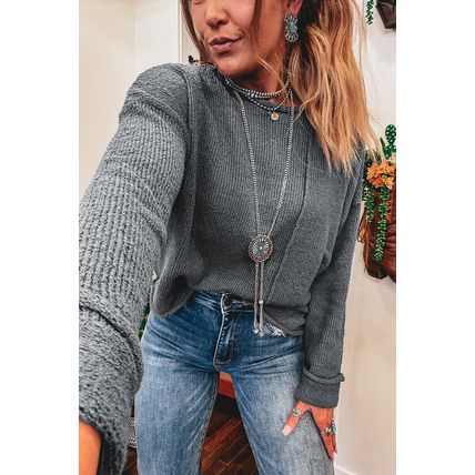 Medium Grey Raw Edge Uneven Hem Patchwork Drop Shoulder Sweater