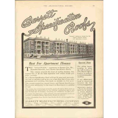 barrett mfg company 1912 colonade apartments kc mo roof vintage ad